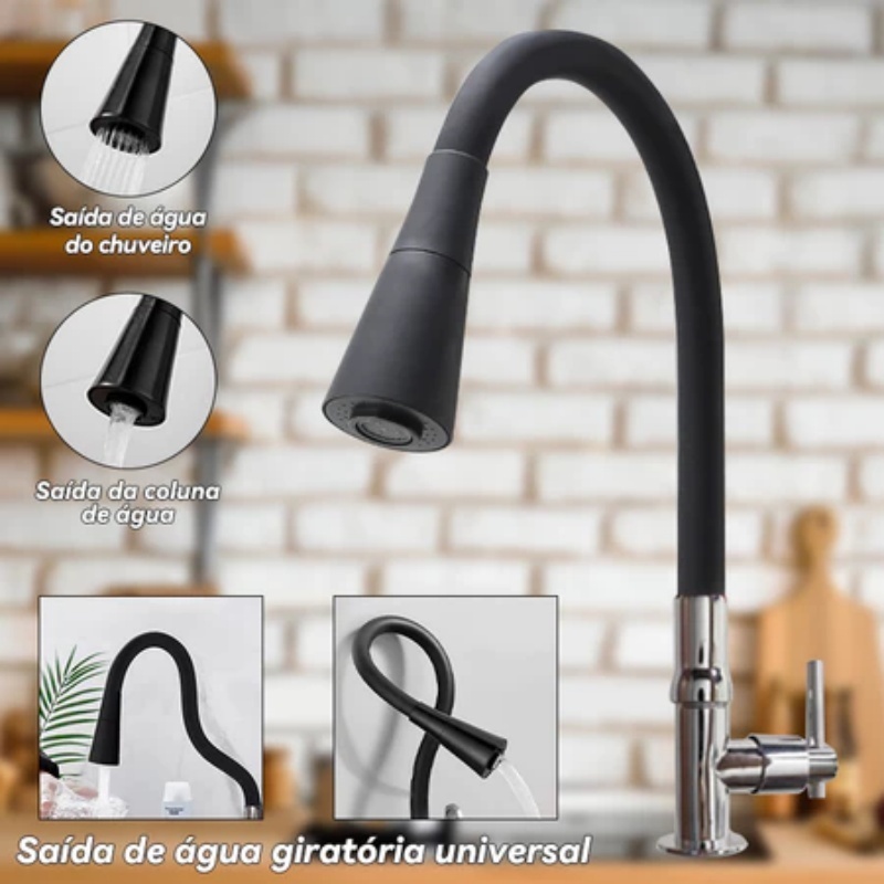 Torneira Semi Curvada FlexíVel Da Cozinha, Bancada Preta, Pia Vertical Grande, Cone Duplo Do Bocal