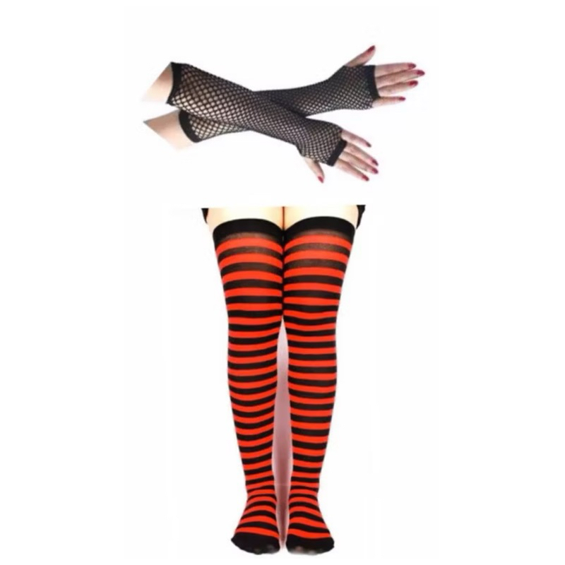 conjunto de meia listrada vermelha/preto + luva arrastão longa preta festa fantasia cosplay