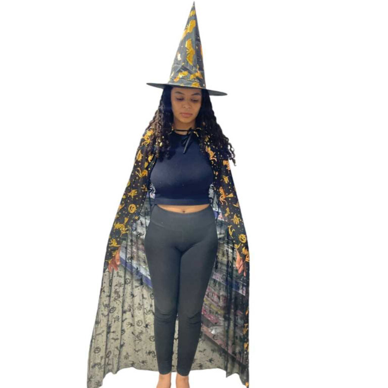 Kit Chapéu Preto Estampado com Capa de Bruxa Dour