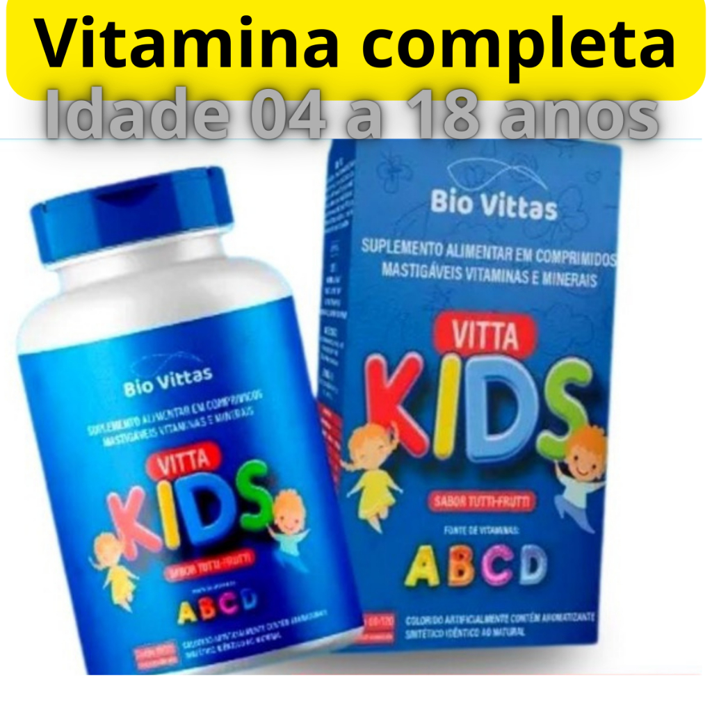 VITAMINA INFANTIL – Mastigável Vitta Kids – Sabor Tutti Frutti –  120 COMP –  completa – BIO VITTAS