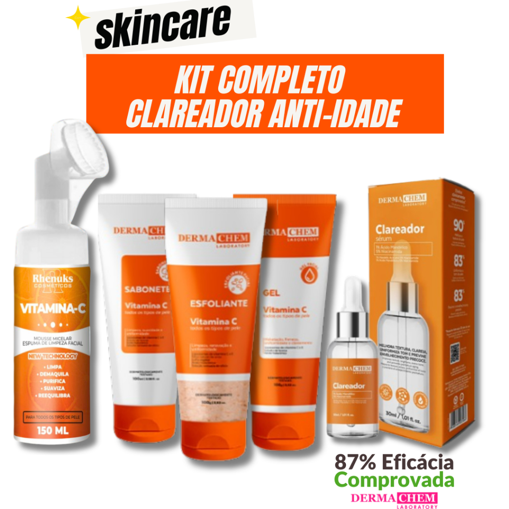 Kit Skincare Anti Idade Vitamina C Dermachem+ Sérum Clareador+ Mousse Micelar Vitamina C Rhenuks