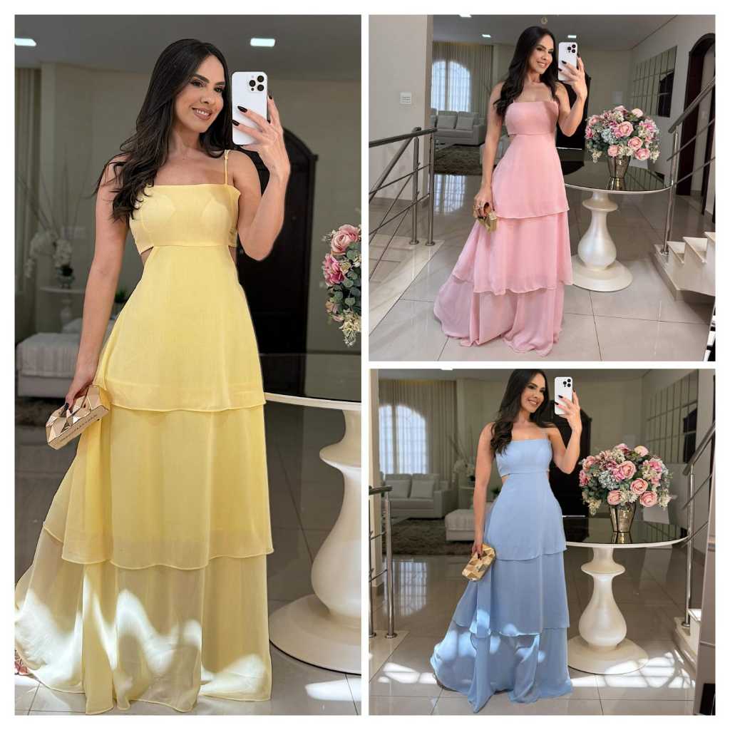 vestido longo feminino elegante CREPE MUSILINE com babados, amarração na costa para casamento