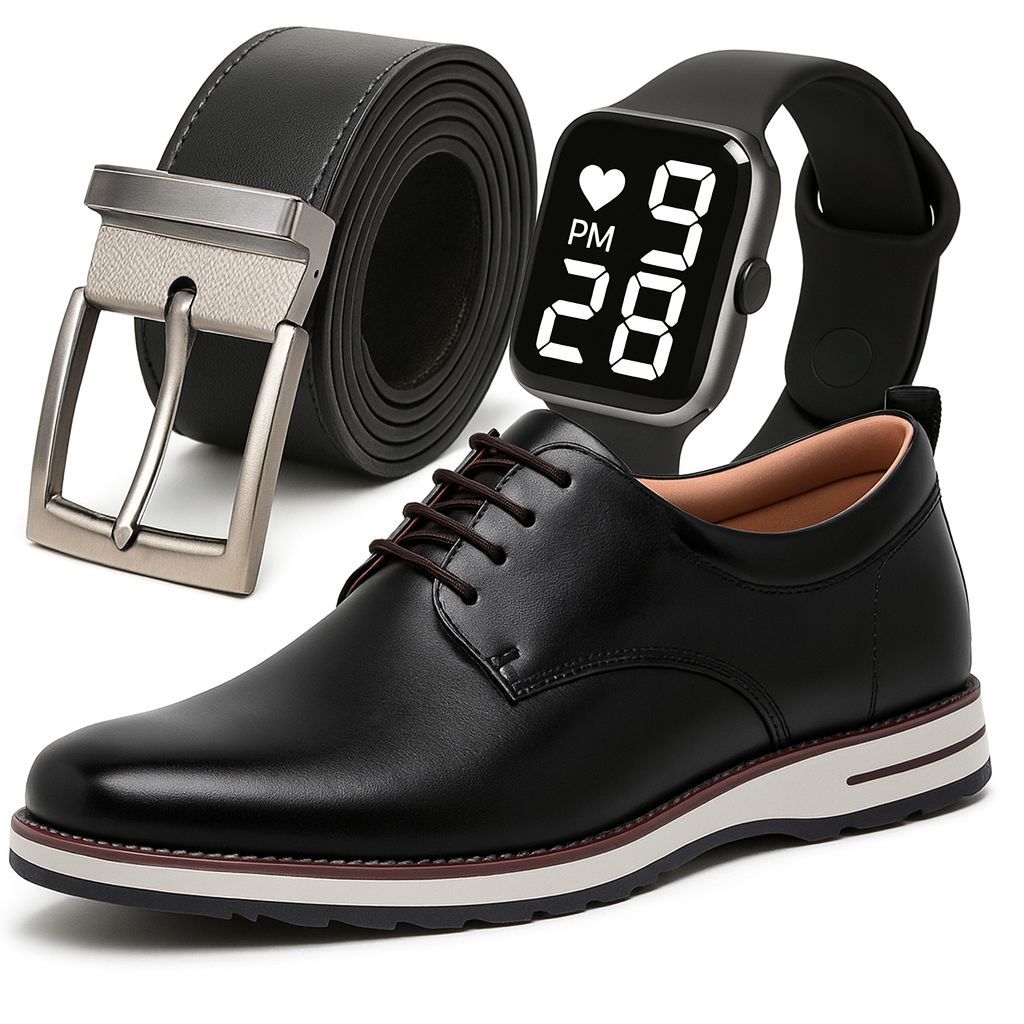 Sapato Social Masculino de Couro + Cinto de Couro Nobre + Relógio Digital Moderno Kit Estilo Top Pro