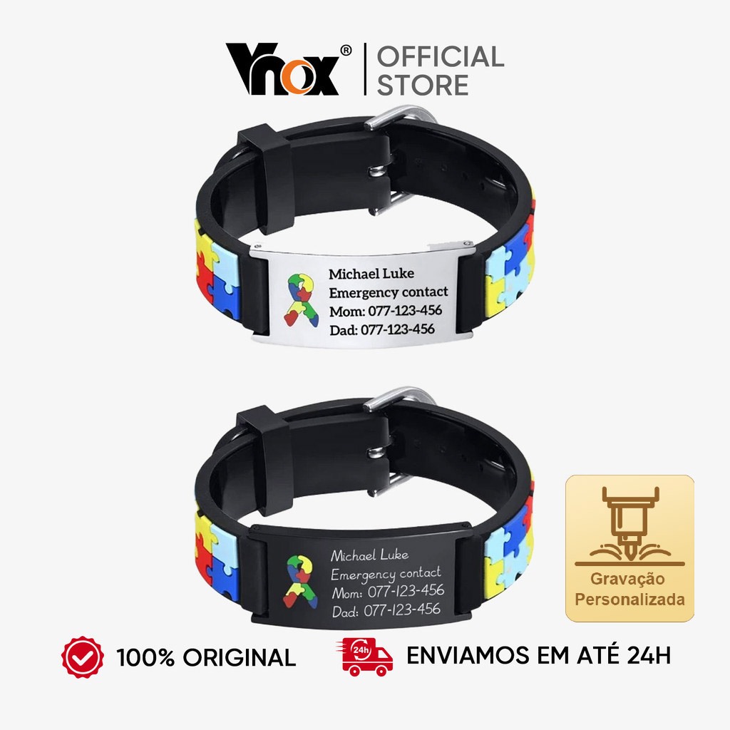 VNOX Cuastom Engrave Pulseira Infantil Autismo Puzzle Colorida – Nome Personalizado Em Aço Inoxidáve