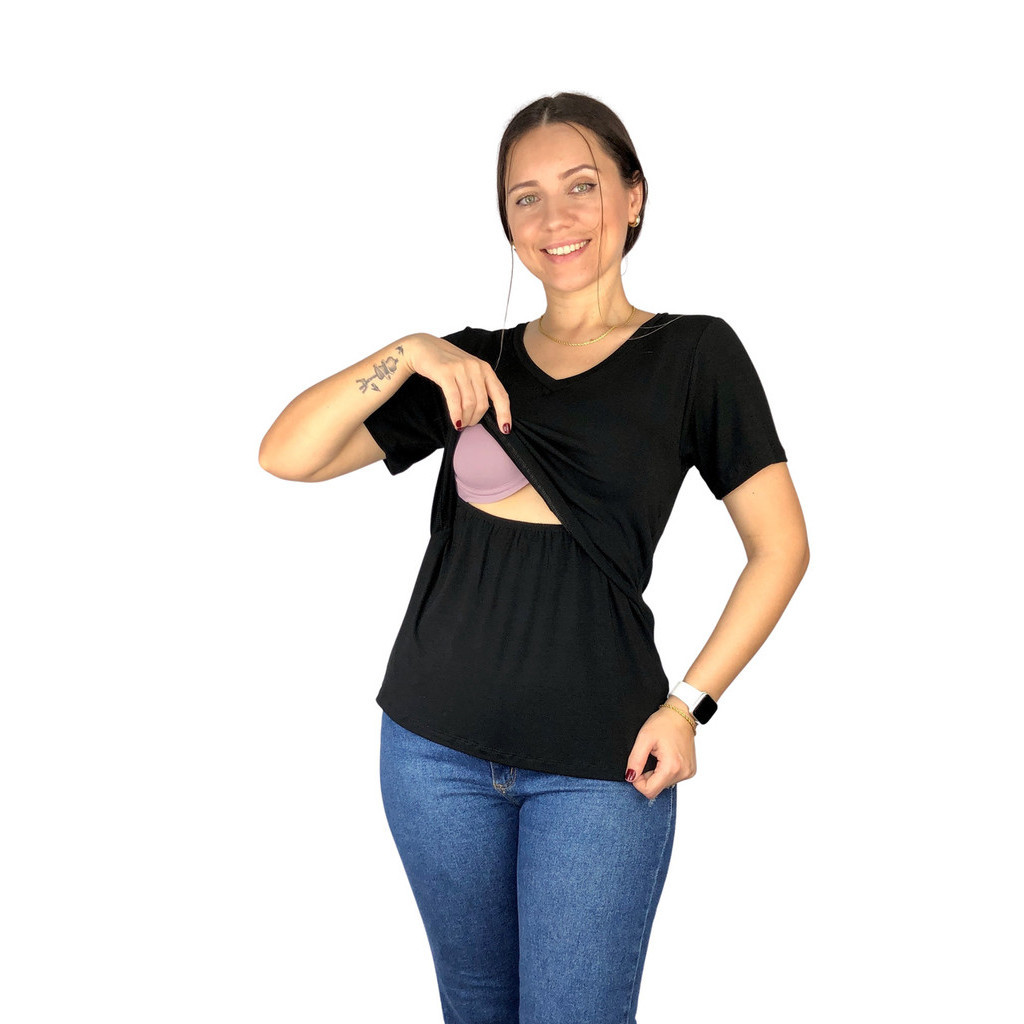 Blusa Amamentação Diversas Cores Viscolycra Premium Manga Curta Gola V T-shirt Grávida Maternidade