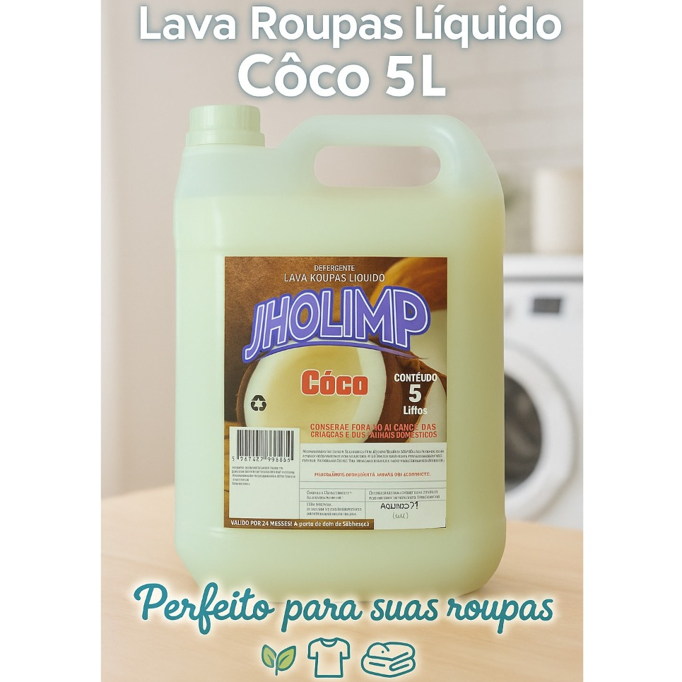 Sabão Líquido Lava Roupas 5 Litros Galão Côco Tira Manchas Para Roupas Brancas e Coloridas