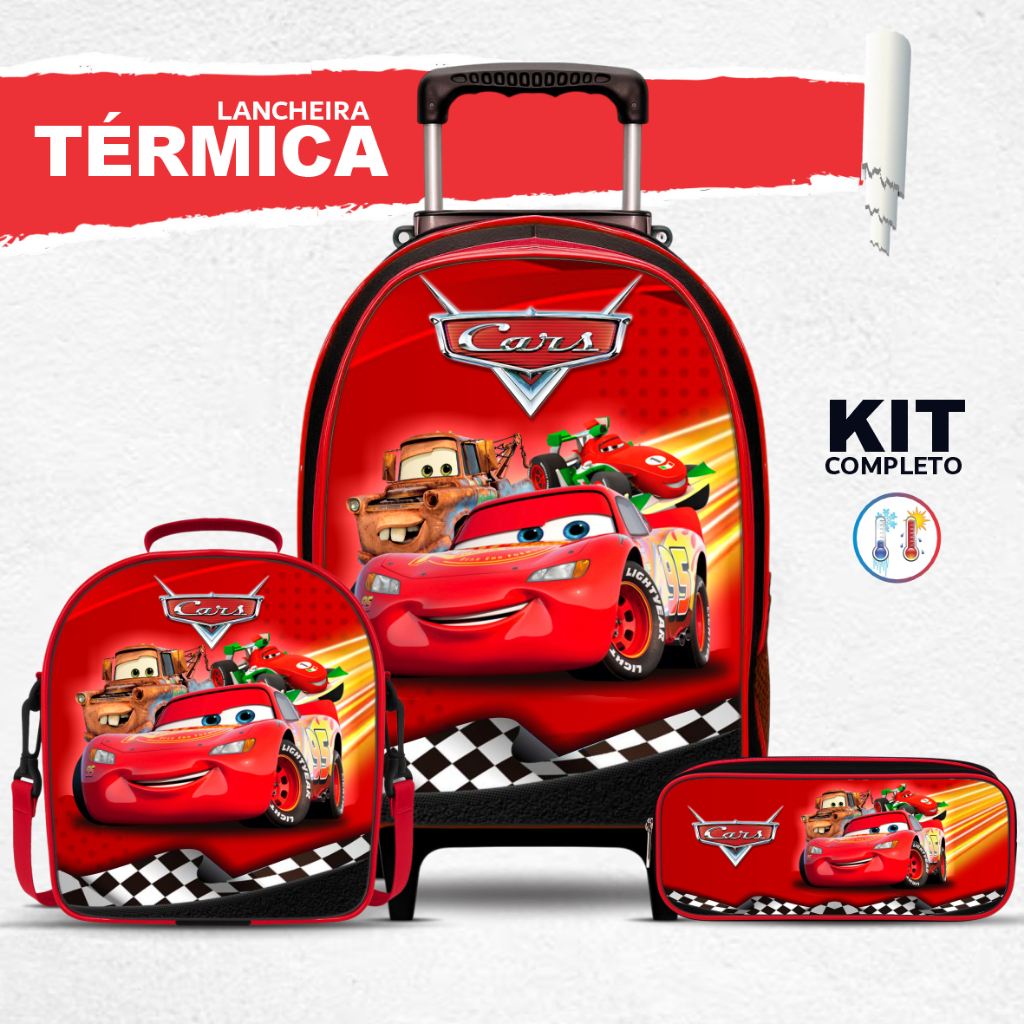 Kit Mochila Escolar Carros com Lancheira TÉRMICA e Estojo BOX – Rodinha – Menino – Masculino