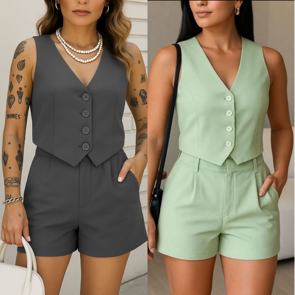 LOOK DE CONJUNTO FEMININO CASUAL E SOCIAL COLETE E SHORTS .