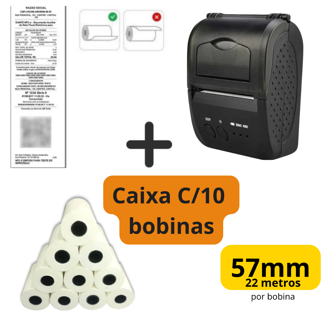 Mini Impressora Bluetooth Termica 58mm Com 10 Bobinas Lisa