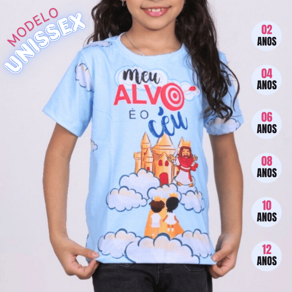 Camiseta Infantil Unissex Cristã Premium – Meu alvo é o céu estampa total