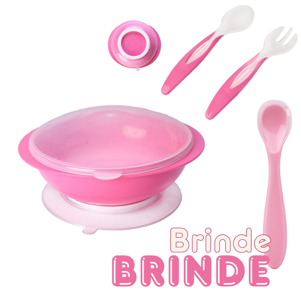 Kit Prato com Tampa Ventosa Colher e Garfo + Colher silicone Para Bebê