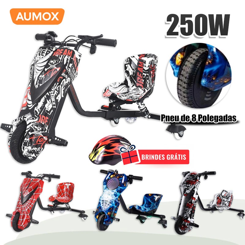Drift Triciclo Elétrico 250W Bluetooth, LED 3V, Bateria 36V 3.6AH, Pneu de 8 Polegadas com Suspensão