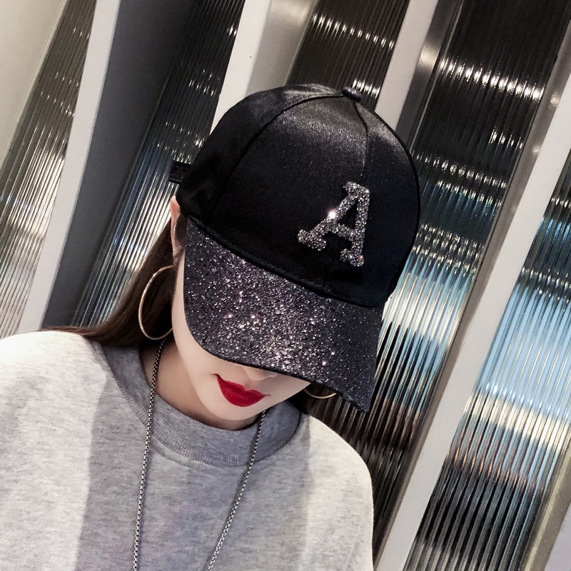 Boné de beisebol com lantejoulas e strass com letra A para mulheres, estilo coreano, boné da moda, p