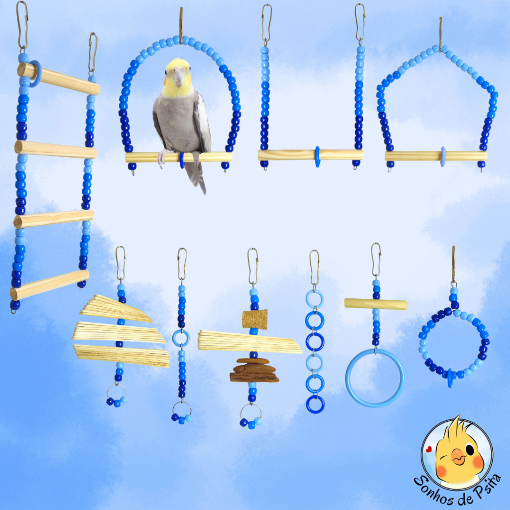 Kit de Brinquedos Degrade Blue Psita Calopsita, Agapornis, Periquito, Aves