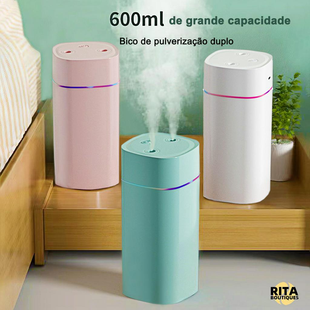 Umidificador De Ar Ultrassônico Bico Duplo Aromatizador De Ambiente 600ml Portátil Led Usb