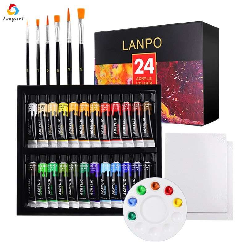 Kit Tinta Acrílica À Prova Dágua Com Pincel E Paleta 12/24Cores Kit Pintura Para Tela 12 ML Desenho