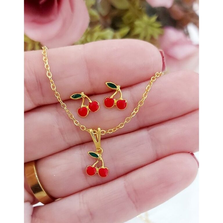 Conjunto Colar e Brinco infantil menina cereja fol