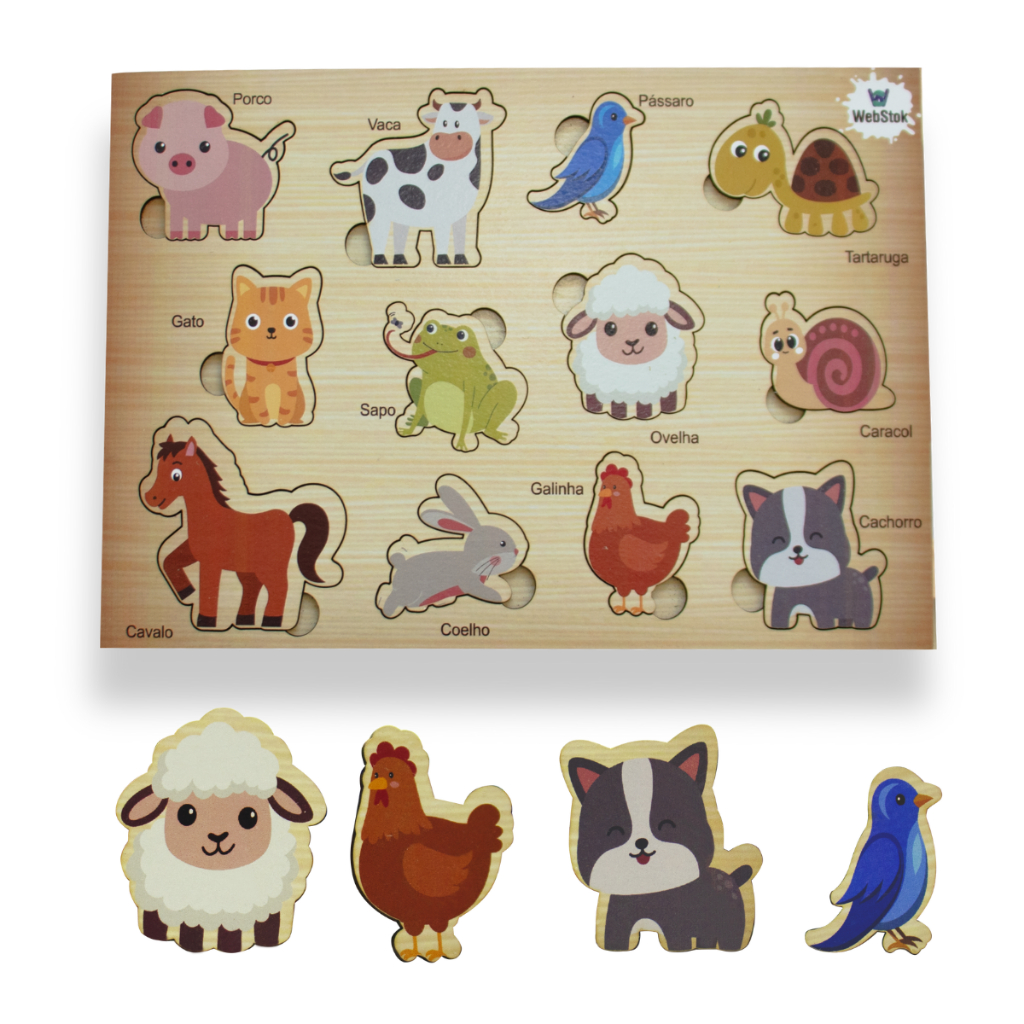 Quebra Cabeça Animais Brinquedo Educativo Encaixe Didático Animais 12 pçs Tabuleiro