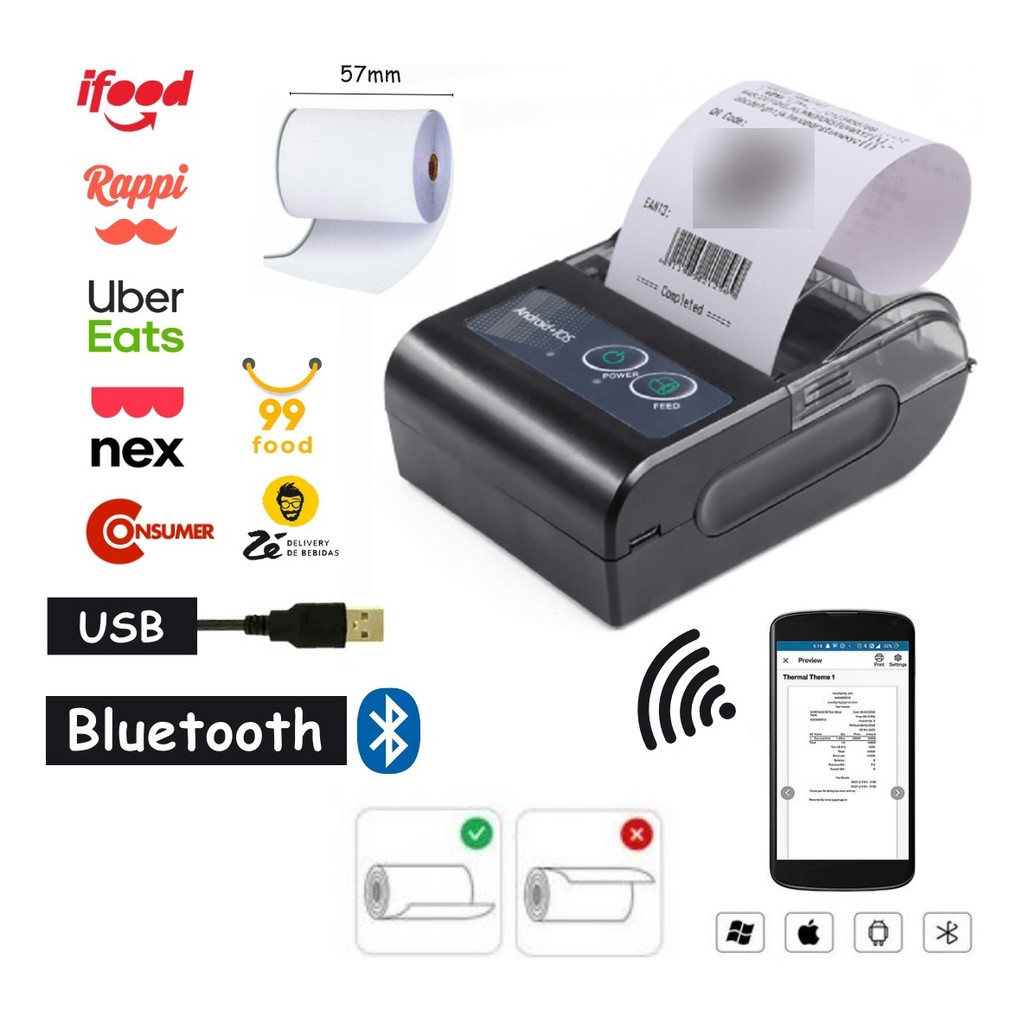 Mini Impressora Portatil Bluetooth Termica 58mm Android Ios
