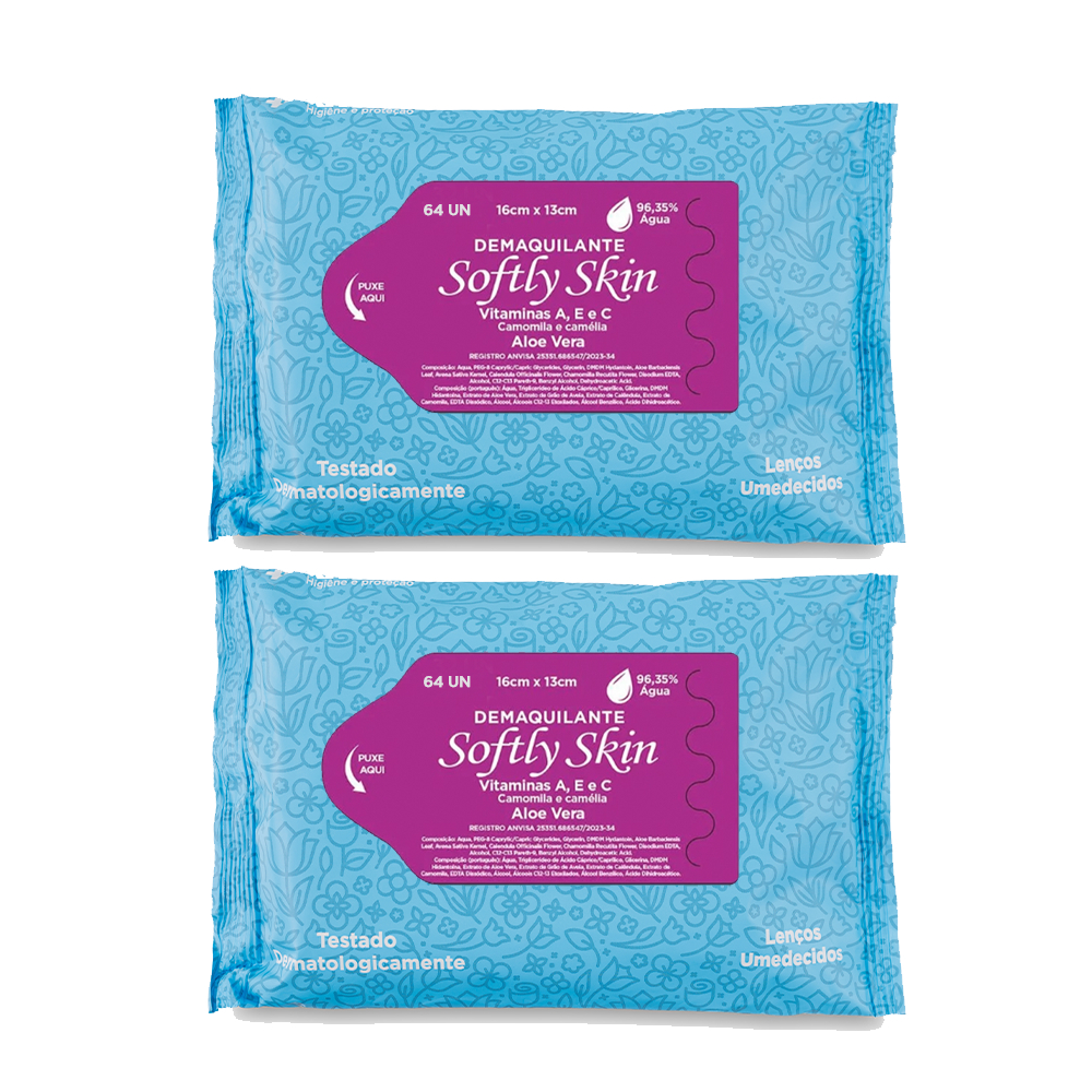 128Un Lenço Demaquilante Vitamina Umedecido Softly Skin 2 pacotes com 64 – 128 Unidades