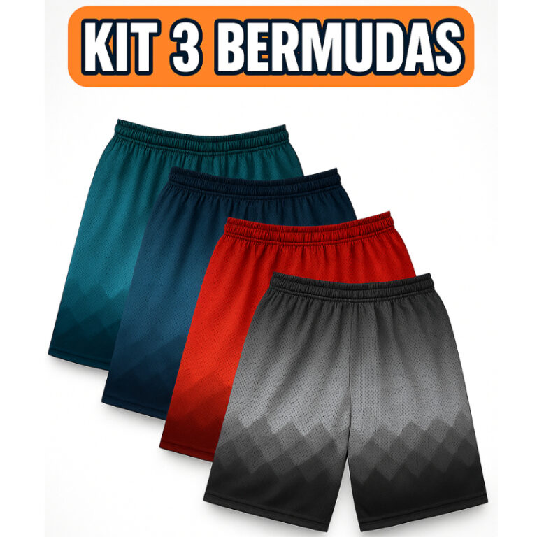 KIT COM 3 Bermuda Short Dry fit Helanca Masculino 