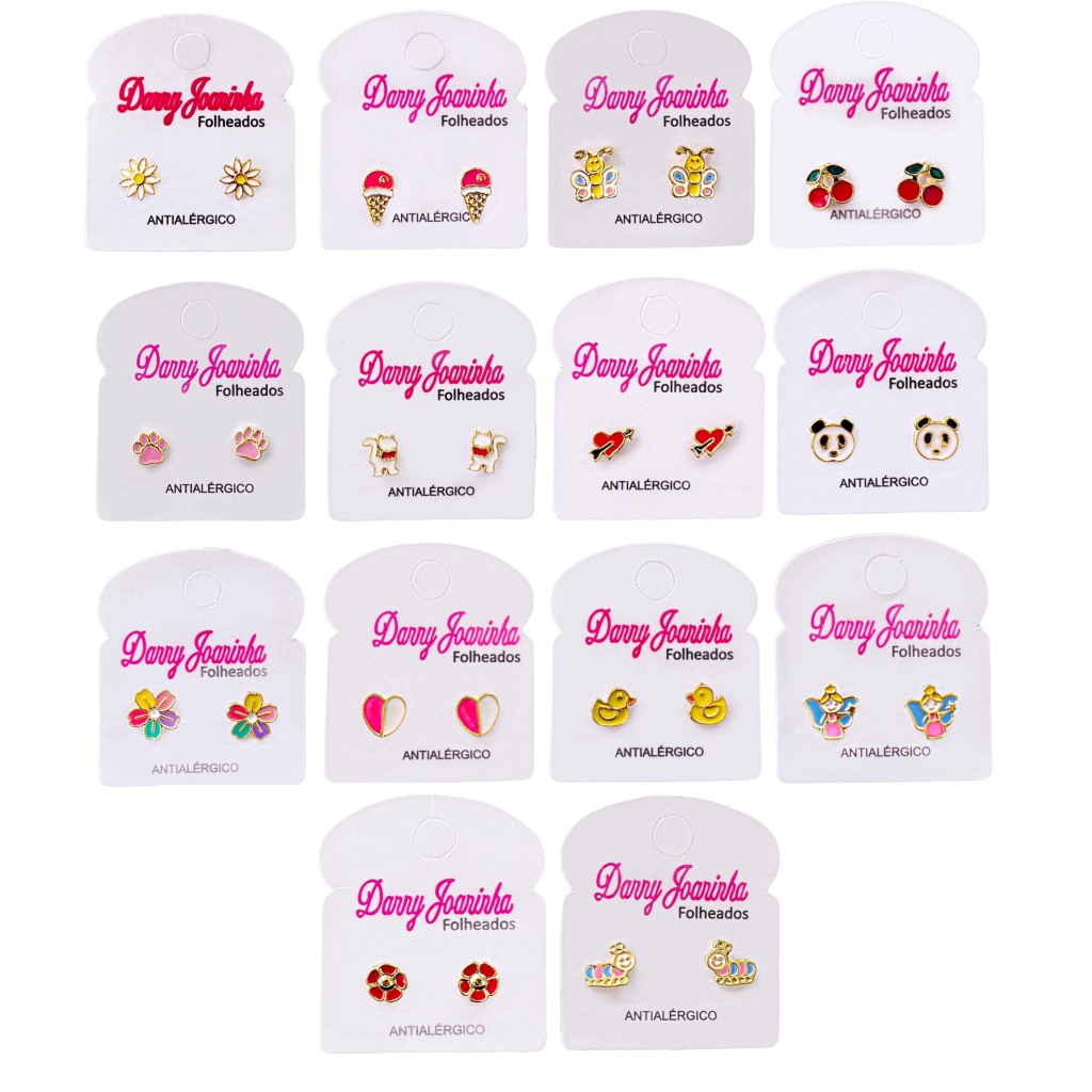 Kit 5 Pares Brincos Infantis Folheados a Ouro Pequenos Personagem Desenho Criança