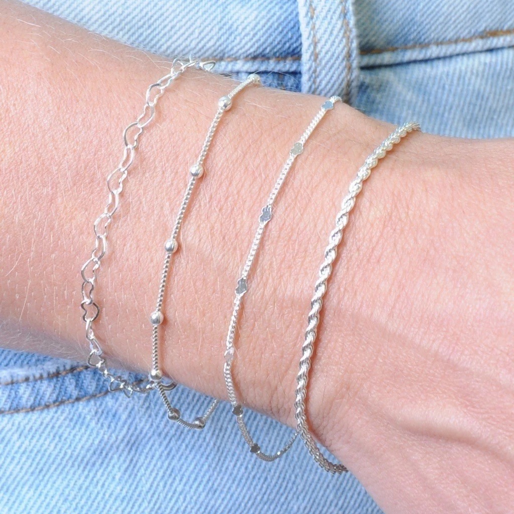 kit 4 pulseiras prata 925, cordão+veneziana com bolinhas + elo e detalhe coração