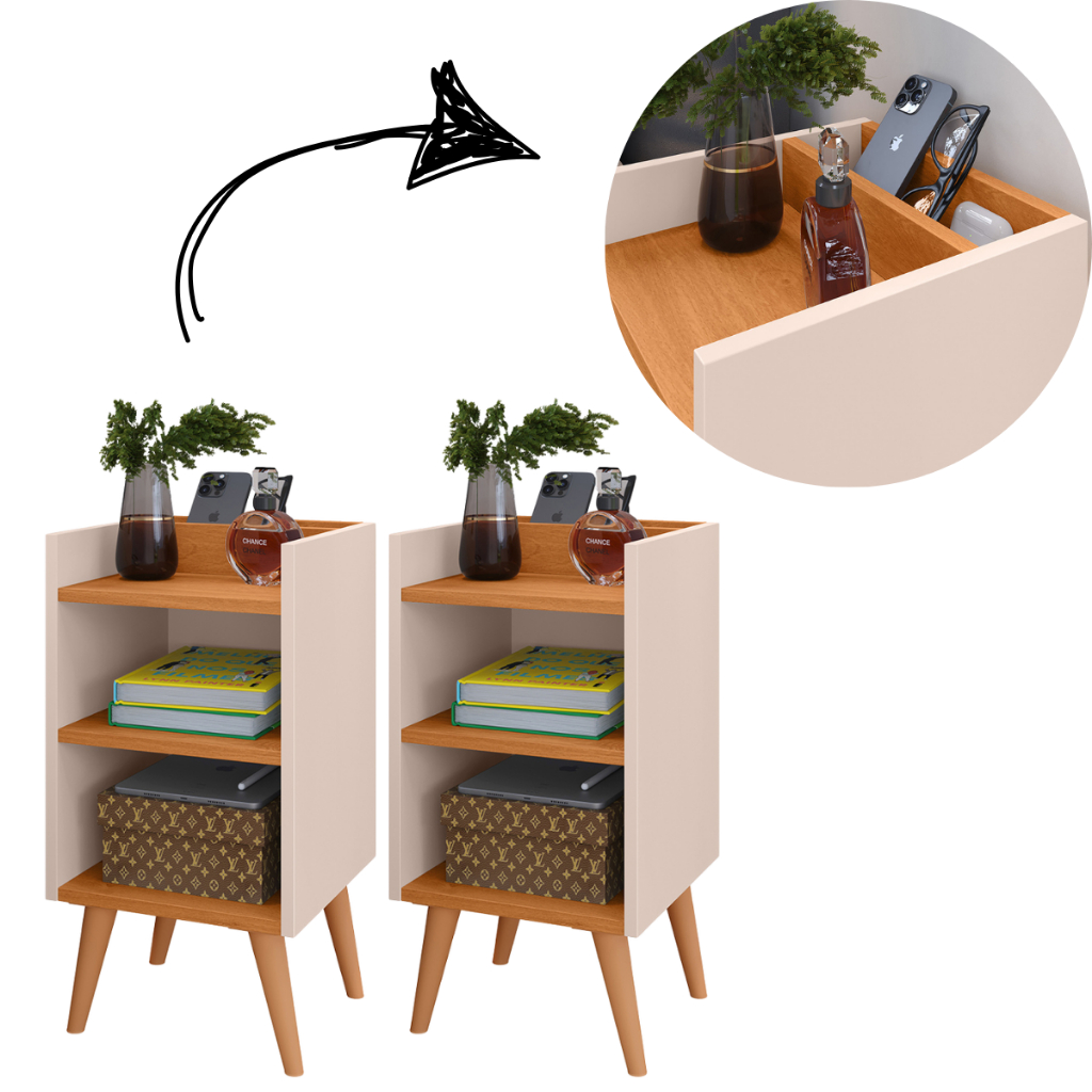 Kit 2 Criados-Mudos Compactos com Porta-Celular e Pés Retrô  Mesa de Cabeceira Lateral Moderna