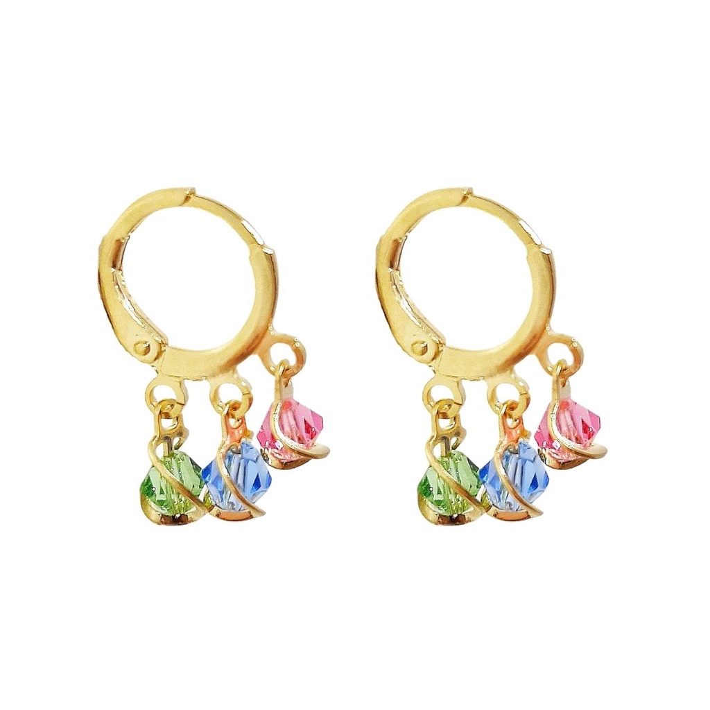 Brinco de Argola Infantil ou Adulto Banhada a Ouro 18k Trio de Cristais Coloridos Aro Semijoia com G