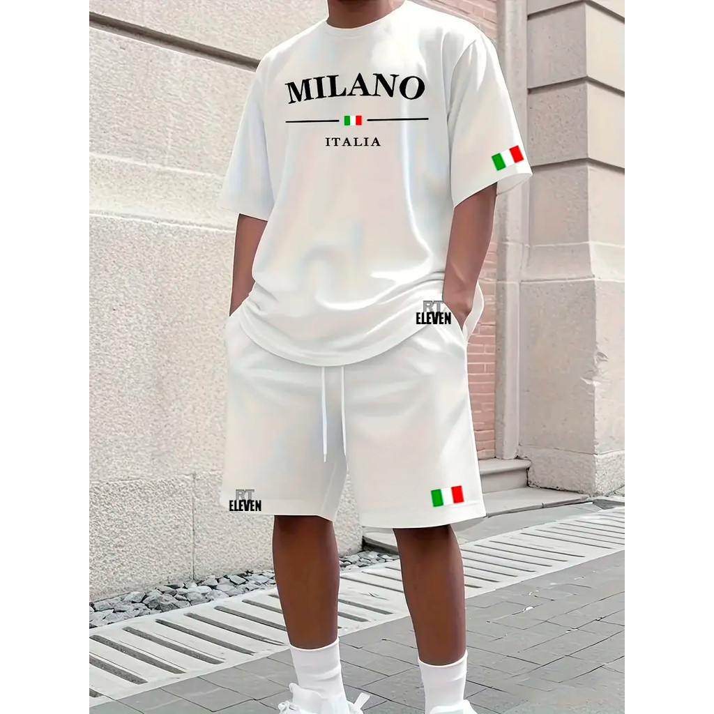 Conjunto Camiseta + Short Moletom Estampado Milano Itália Street Camiseta Malha Linha Premium + Shor