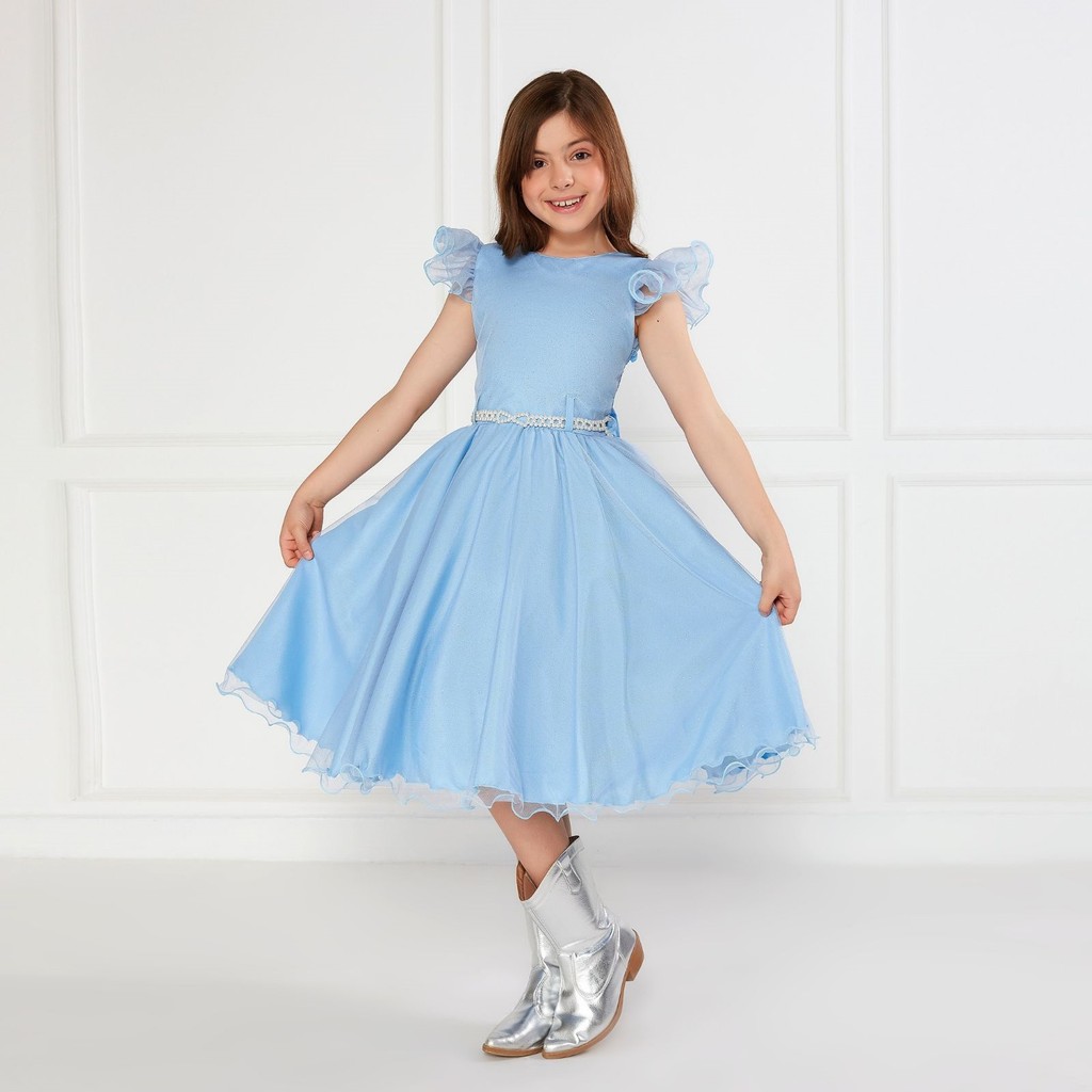 Vestido Glitter Azul Claro Manga Godê De Festa Infantil Rodado
