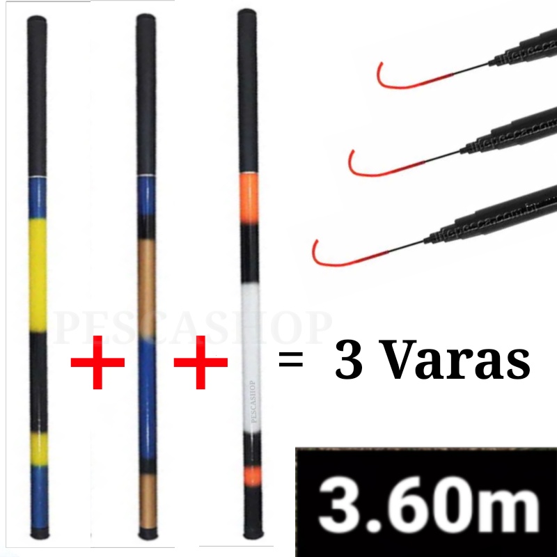 Kit 3 Varas Telescópicas Lisa / 3,60M – 40% Carbono – C.W 8-18lbs – Cmik