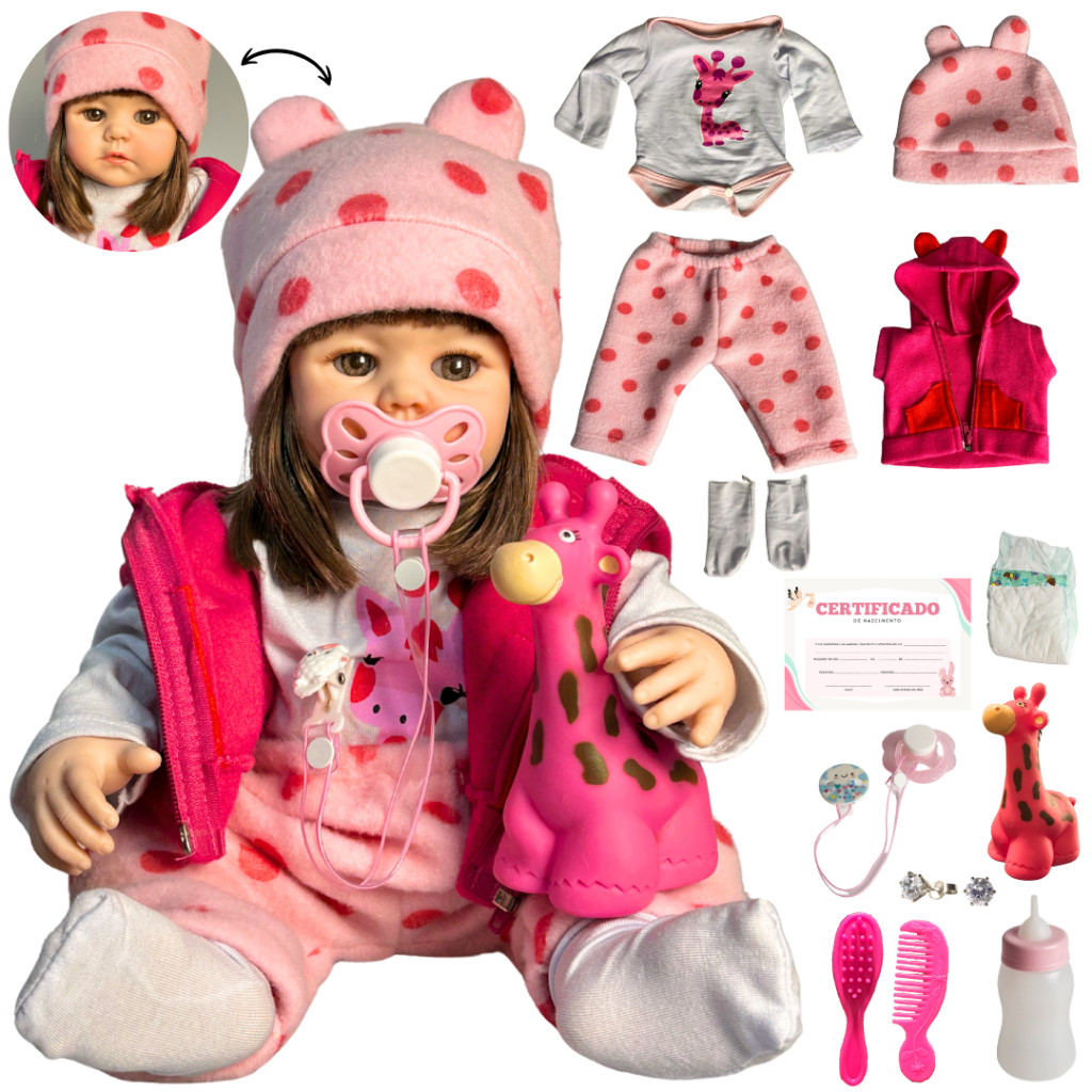 Boneca Bebe Reborn Realista Silicone Liz Girafinha Enxoval Completo
