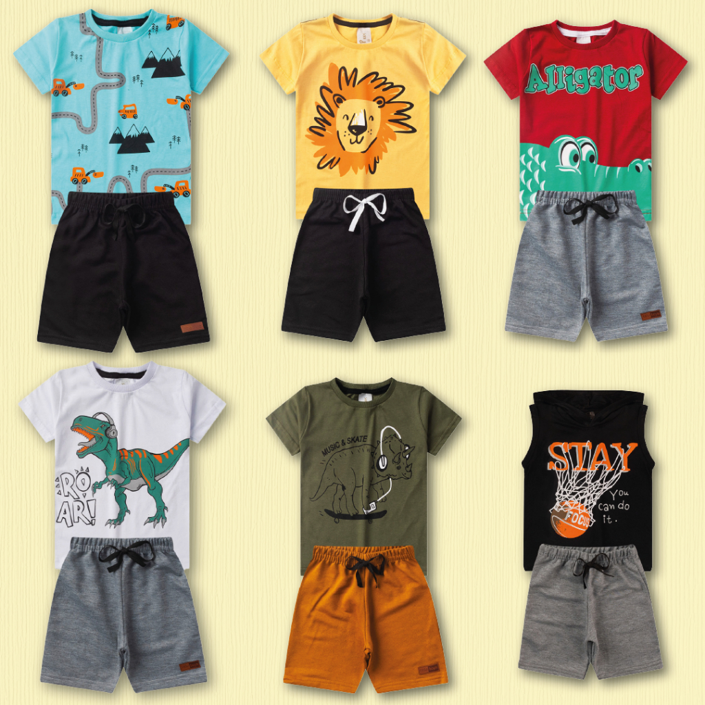 Kit 10 Peças Infantil Menino 5 Camisetas + 5 Bermudas Algodão Verão