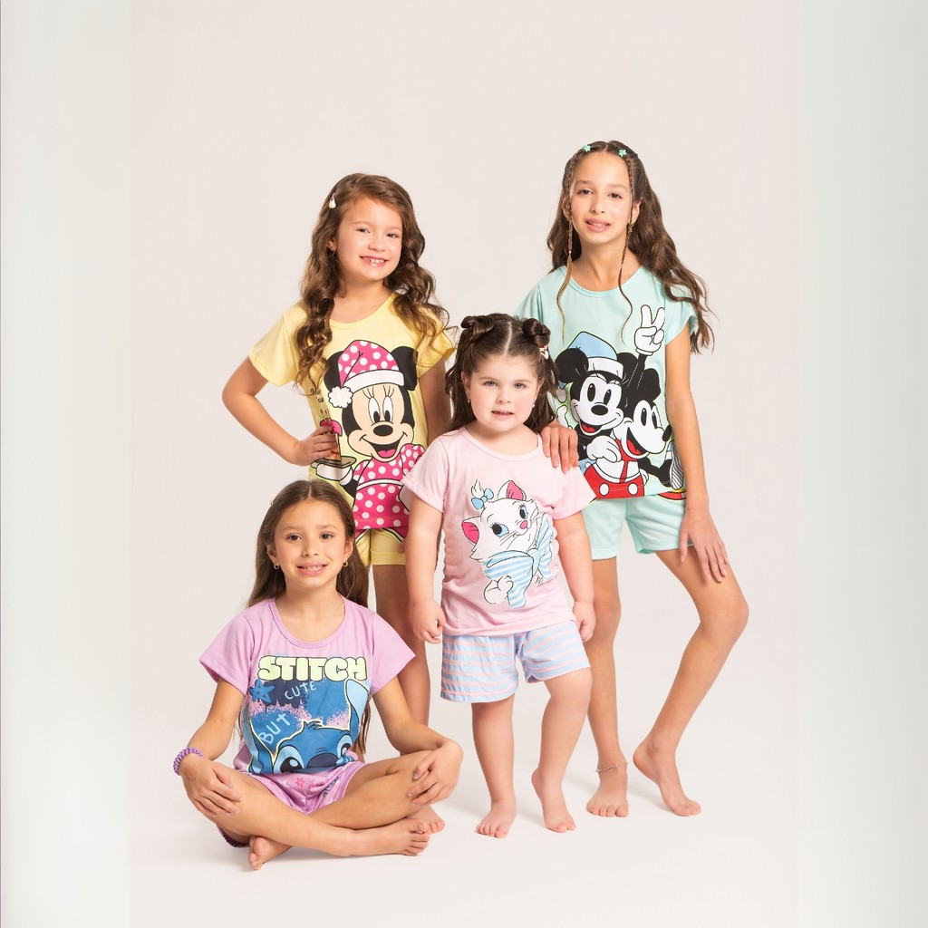 Pijama Menina Brilha no Escuro Personagens Infantil Minnie Stitch Malha Levinha Sono Tranquilo