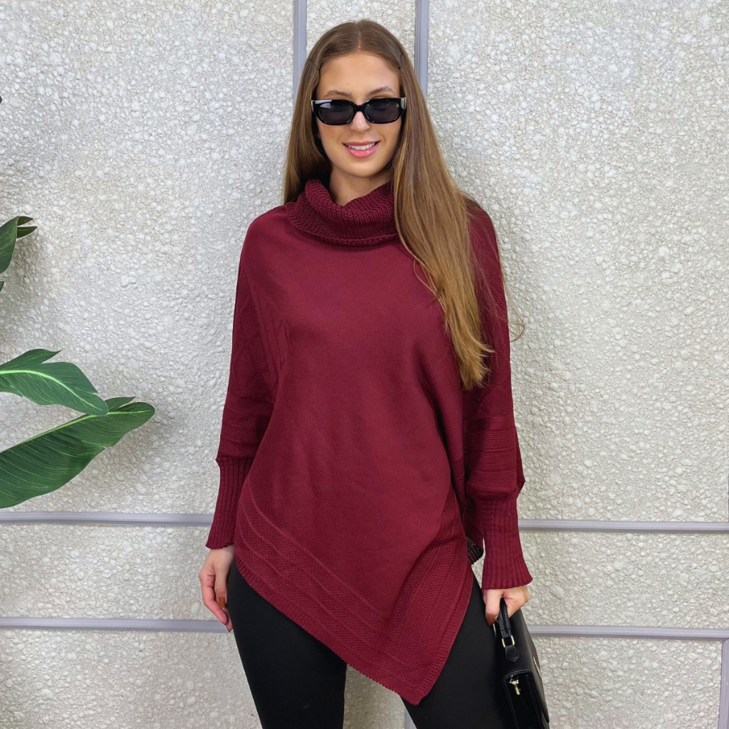 Poncho Bico Feminino Tricô Gola Alta Capa Inverno Casaco Lã Frio