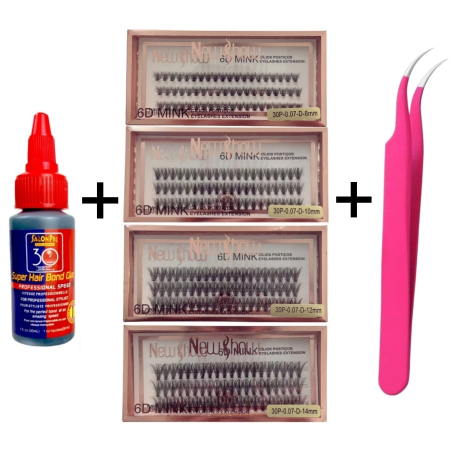 Conjunto de Super Cola Salon Pro 30ml + Pinça Vetus + Cílios 30P-0.07-D NEW SHOW – Tufos Sem nó