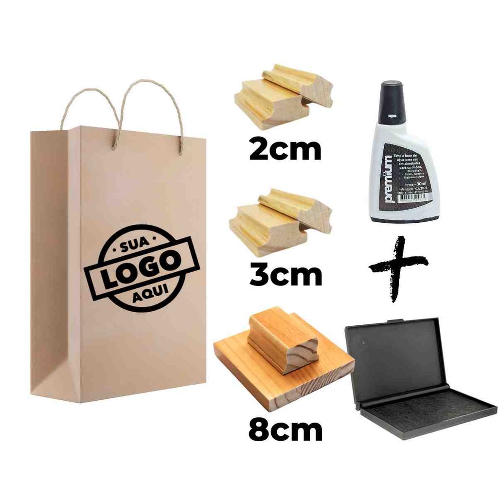 Kit 3 Carimbos com Logo  2cm, 3cm e 8cm + Almofada + Tinta