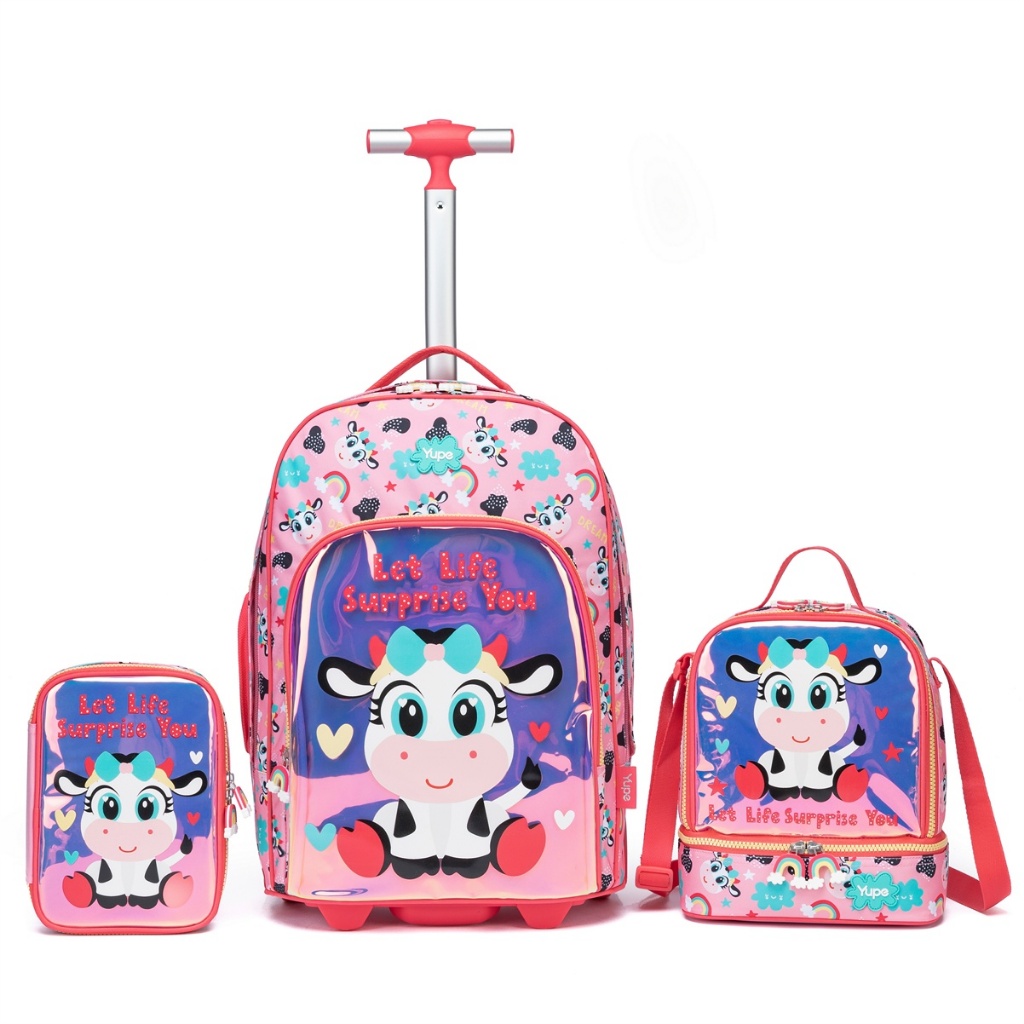 Mochila Infantil Bolsa Rodinhas Estojo Lancheira Termica Vaquinha