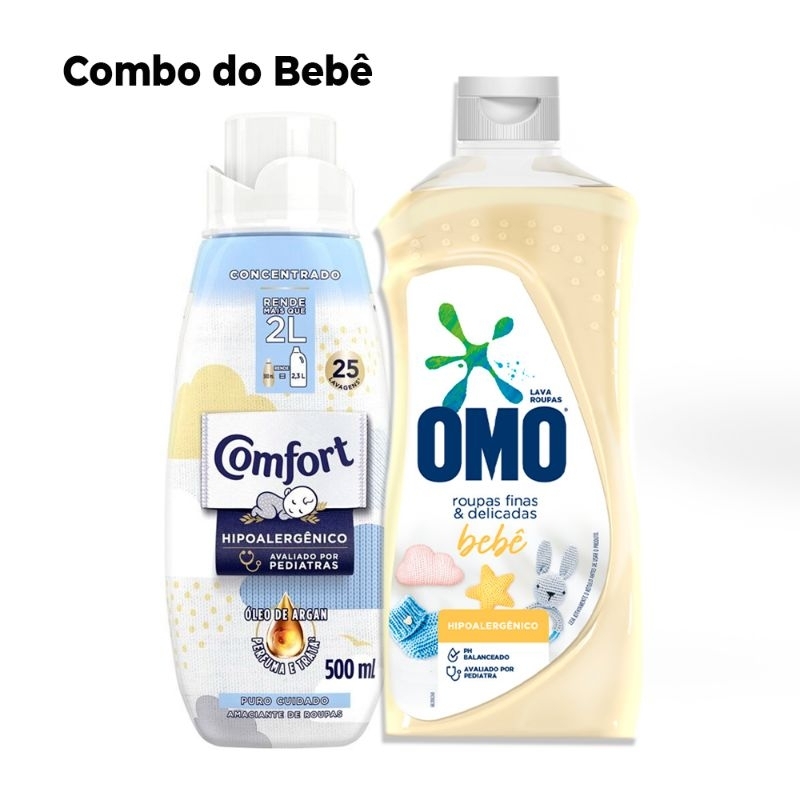 Kit Limpeza do bebê Sabão Líquido OMO Roupas Finas e Delicadas 900ml + Amaciante Puro cuidado 500ml