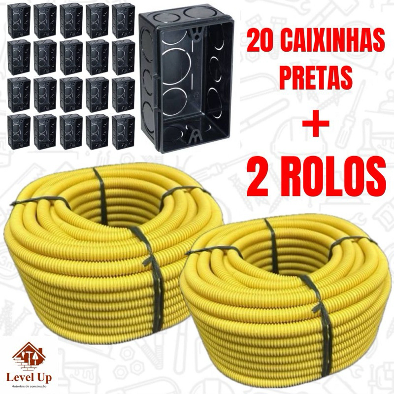 Conduíte Eletroduto Corrugado Kit 2 Unidades + 20 Caixinhas 4×2 Preta