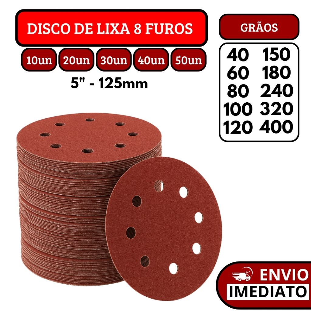 Kit Disco De Lixa Com Velcro Circular 8 Furos Para Lixadeira Madeira Metal Massa Corrida – 5 125mm