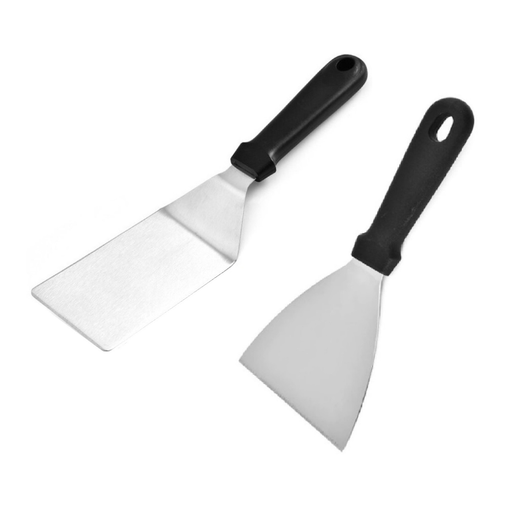 Kit Espátula Chapeiro Profissional de Inox 2 Peças Reta + Curva – Cozinha Burger Churrasco