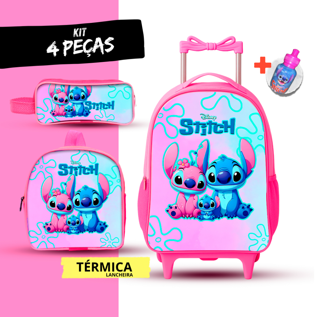 Mochila Escolar de rodinha Stitch  + Lancheira Térmica + Estojo