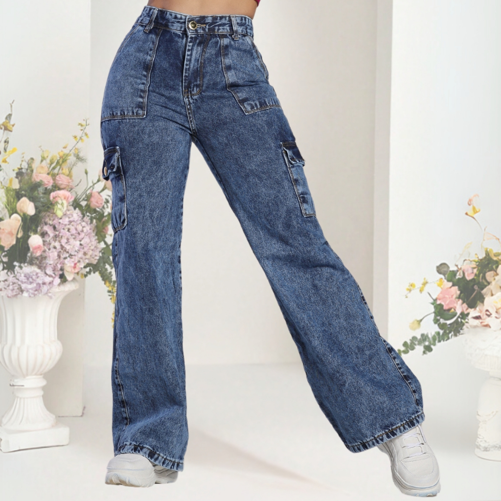 Calça Cargo Feminina Jeans Bolso Lateral Wid Leg 34 ao 44 Pantalona Cintura Alta