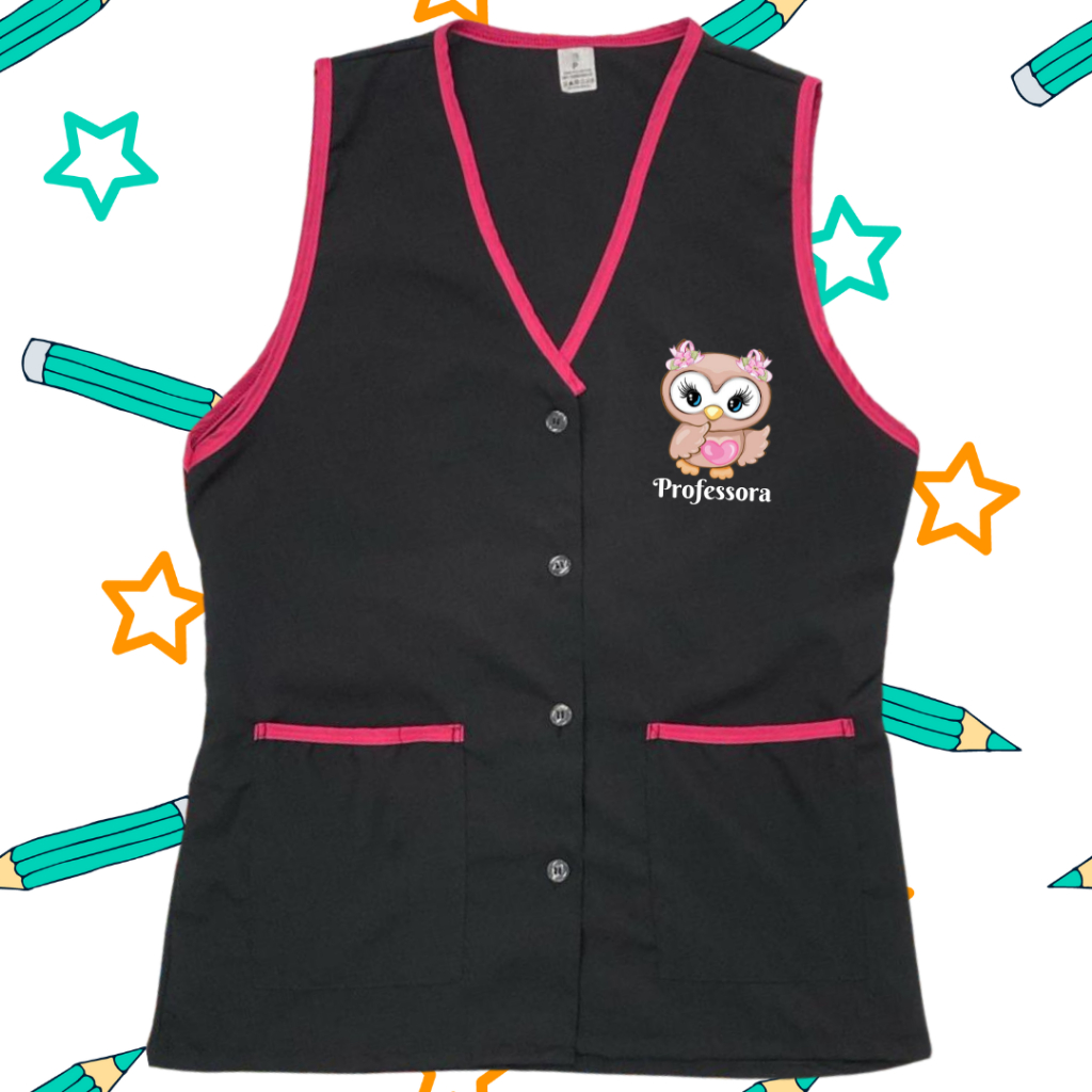 AVENTAL PROFESSORA EDUCADORA JALECO INFANTIL BOTÕES EDUCAÇÃO BONECOS PROFESSORA PRETO C/PINK