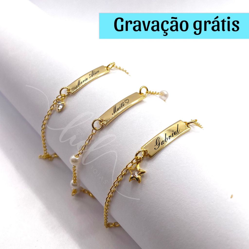 Pulseira Infantil Bebê RN Pingente Personalizada Dourado Com Gravação Nome Banhada a Ouro 18k
