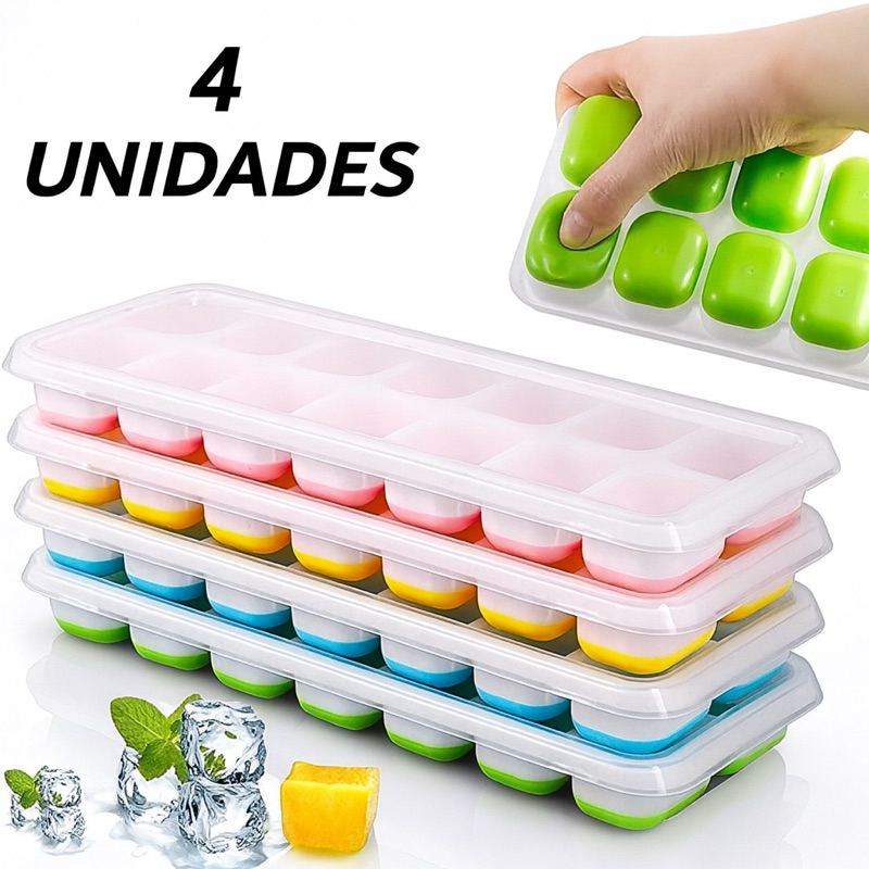 Forma Com Tampa Gelo 1 a 4un  Ice Flexivel Forminha Fundo Silicone 14 Cubo Alimentos Frutas Papinha