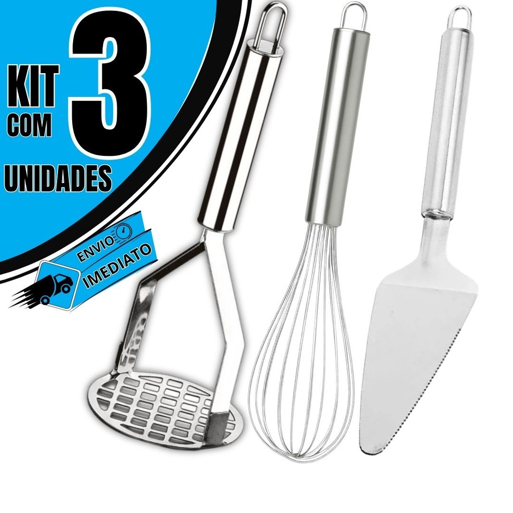 Kit Cozinha 3 Peças: Amassador de Batatas Inox + Fouet + Espátula de Bolo Utensílios Domésticos