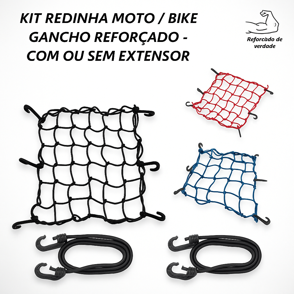 Kit Rede Elástica Moto Bike Redinha Carga Aranha Capacete Estica Reforçada Com extensor